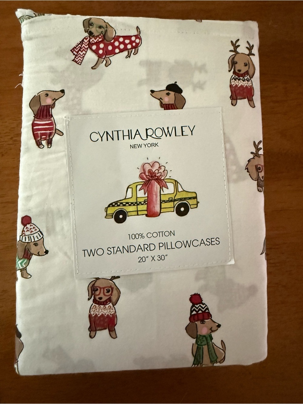 Cynthia Rowley White Pillowcases with Festive Dachshund Print